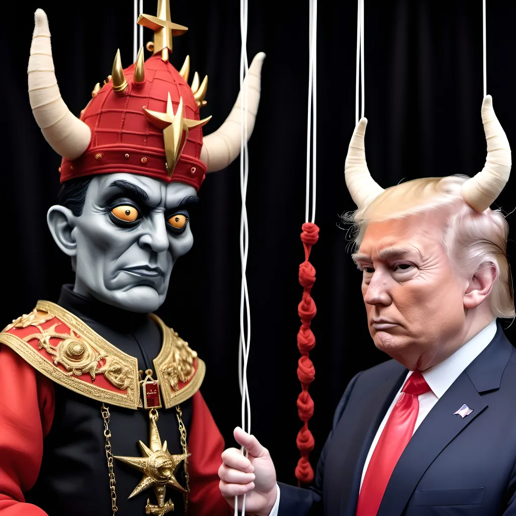 Prompt: Dark,  gothic, demonic, satanic, luciferian; a 'horned Donald Trump puppet on strings' being controlled by a 'horned satan puppet on strings' being controlled by a 'horned pope puppet on strings', being controlled by a 'horned Vladimir Putin puppet on strings', being controlled by Xi of China, who holds ALL THE STRINGS.