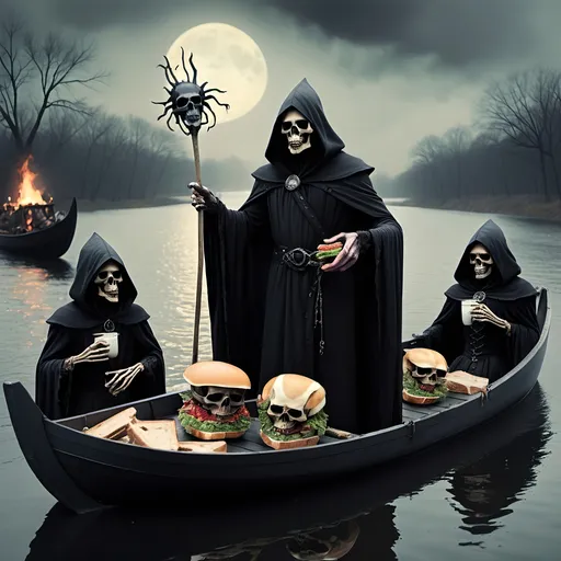 Prompt: (Dark, gothic, infernal, River Styx, Hades;) (Charon, skeletal boat master in a black robe with hood, of the river Styx); escorts a (goblin dressed in ragged dirty clothing who resembles Richard Nixon), to meet with his master on the lower planes, Charon is eating an awesome sandwich that his wife made for him for lunch.