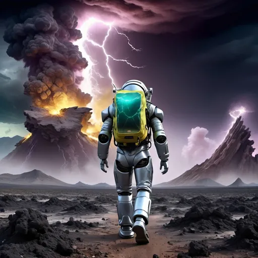 Prompt: Humanoid robot,
Astronaut in survival suit carrying backpack and bags, walking away from Crater,
Lightning, tornadoes, massive storm
Crater, crashed space frigate, burning debris, black smoke rising,
Yellow quartz desert, dark sky, swirling gray, green and blue clouds.
Distant mountains made entirely of amethyst crystal