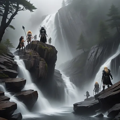 Prompt: Top of a misty torrential waterfall looking down  a rugged, rocky cliff into a turbulent pool of rocks, mist and spray. Dark, gnarly original growth hemlock trees.
A blonde human female in chainmail and a horned helmet, a raven haired human female clad in black, a male halfling, a female halfling, a brown haired female half elf, and a goblin, are all climbing the rocks.