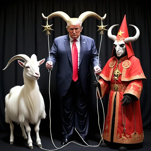 Prompt: Dark,  gothic, demonic; a 'horned Donald Trump puppet on strings' being controlled by a 'horned satan puppet on strings' being controlled by a 'horned pope puppet on strings', being controlled by a 'horned Vladimir Putin puppet on strings', being controlled by Xi of China, who holds ALL THE STRINGS.
Goats, lots and lots of goats...