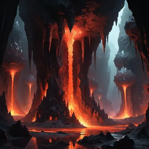 Prompt: Dark cavern, classic fantasy atmosphere, massive chamber lit by distant magma, two young Black Dragons hatchlings voraciously devour their siblings as they hatch from their clutch of seven eggs, stalagmites, columns, stalagtites, soda straws, a crystal formations erupting from the walls, floor, & ceiling, which is so high up it can barely be viewed, the dim red glow of the distant magma reflects from the various facets of the crystal formations as it passes through the steam vents billowing up from below.