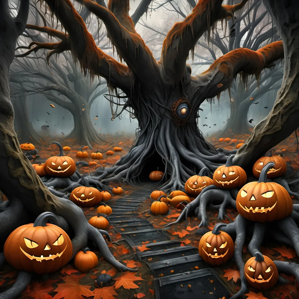 Prompt: Dark, gothic scary, foreboding, menacing, ominous, bright autumn foliage, carpet of brightly colored fallen foliage on the ground, in a twisted and gnarly original growth autumn forest, surrounded by twisted lichen covered roots and Spanish moss hanging from twisted tree limbs and mushrooms and large scary pumpkins with mean faces, ultra detailed, high resolution, gritty realism, boxes of Girl Scout Cookies everywhere.