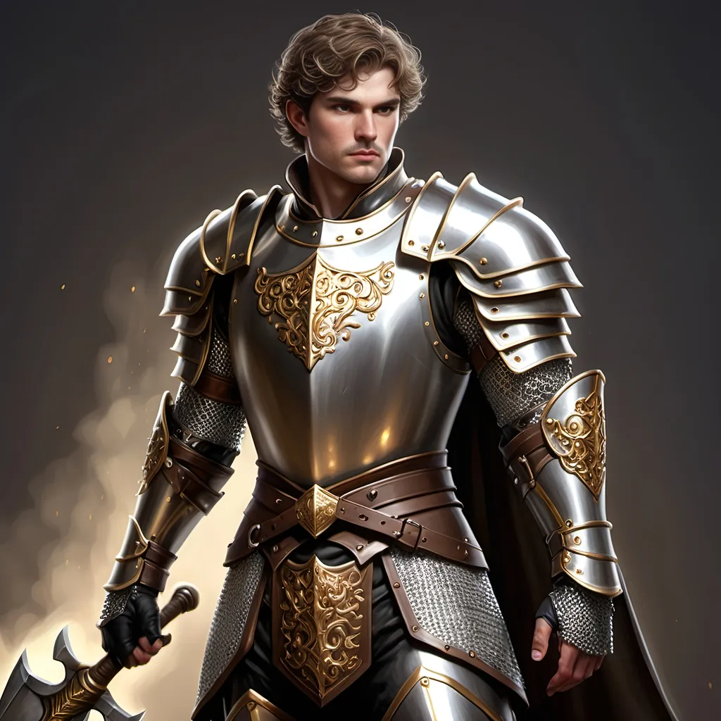 Prompt: Male paladin, (ultra-detailed) (ultra-realism), brown wavy short cropped hair, rosy cheeks, brown eyes, (bright silver steel breastplate) with (gold inlay and filigree), (shiny steel chainmail shirt), black boots with (sparkling shiny spurs), carrying a huge (double-ended war hammer), dramatic lighting, epic stance, medieval fantasy background, grand atmosphere, (HD quality) pompous, arrogant demeanor and stance