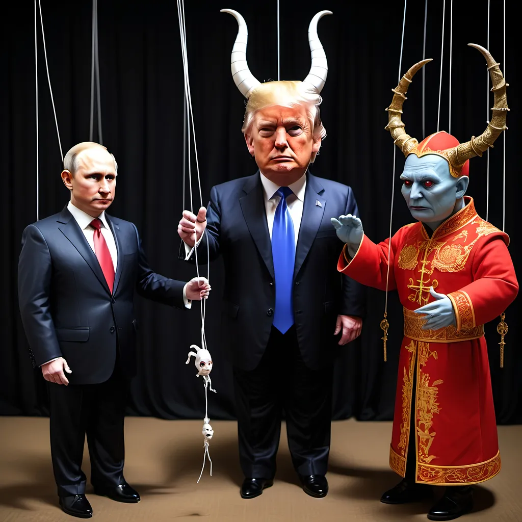 Prompt: Dark,  gothic, demonic; a 'horned Donald Trump puppet on strings' being controlled by a 'horned satan puppet on strings' being controlled by a 'horned pope puppet on strings', being controlled by a 'horned Vladimir Putin puppet on strings', being controlled by Xi of China, who holds ALL THE STRINGS.