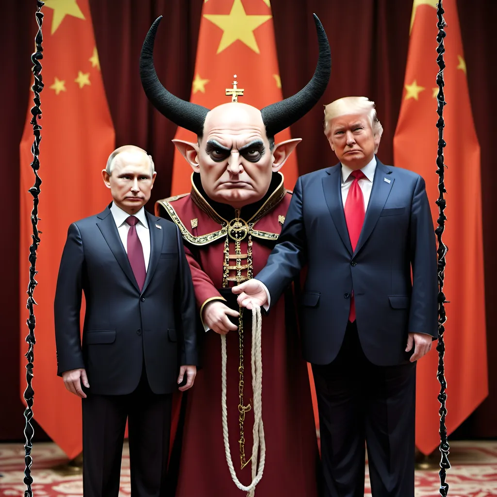 Prompt: Dark,  gothic, demonic, satanic, luciferian; a 'horned Donald Trump puppet on strings' being controlled by a 'horned satan puppet on strings' being controlled by a 'horned pope puppet on strings', being controlled by a 'horned Vladimir Putin puppet on strings', being controlled by Xi of China, who holds ALL THE STRINGS.