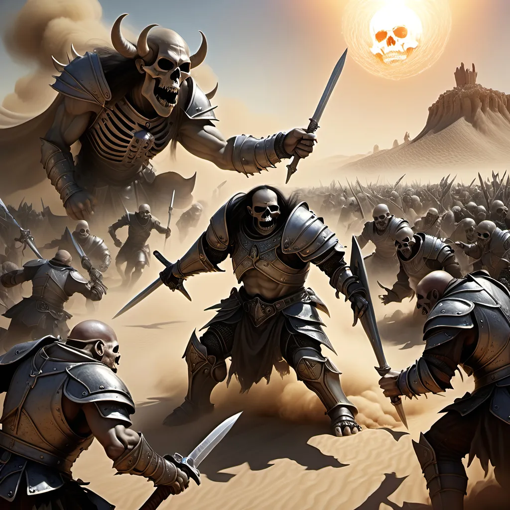 Prompt: A battle rages with thousands of men and orcs in armor fighting to the death surrounded by countless fallen bodies of the slain,
A ghostly TRANSPARENT WISPY apparition of a male warrior rising and coming together above
a skull half buried in dust and sand on a desert battlefield under a hot blazing sun, gothic, fantasy,  ultra realism, ultra detailed,