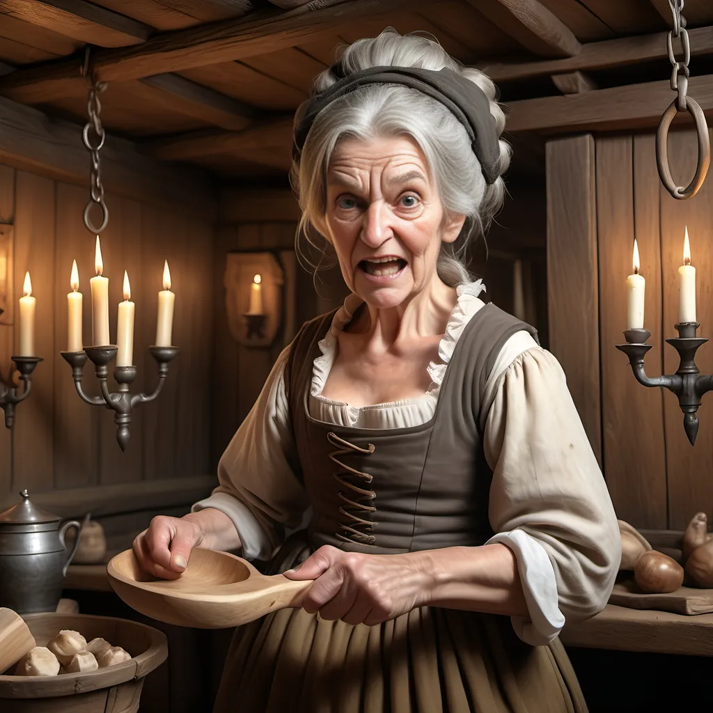 Prompt: Elderly woman, toothless, menacing, dressed in ragged peasant clothing, serving wench, gray hair in a bun on top of her head, grimacing and holding a wooden rolling pin in a threatening manner; inside an English Tudor style Inn, candle chandeliers and wall sconces, rustic wood paneling, ultra realistic, ultra detailed, highest resolution.