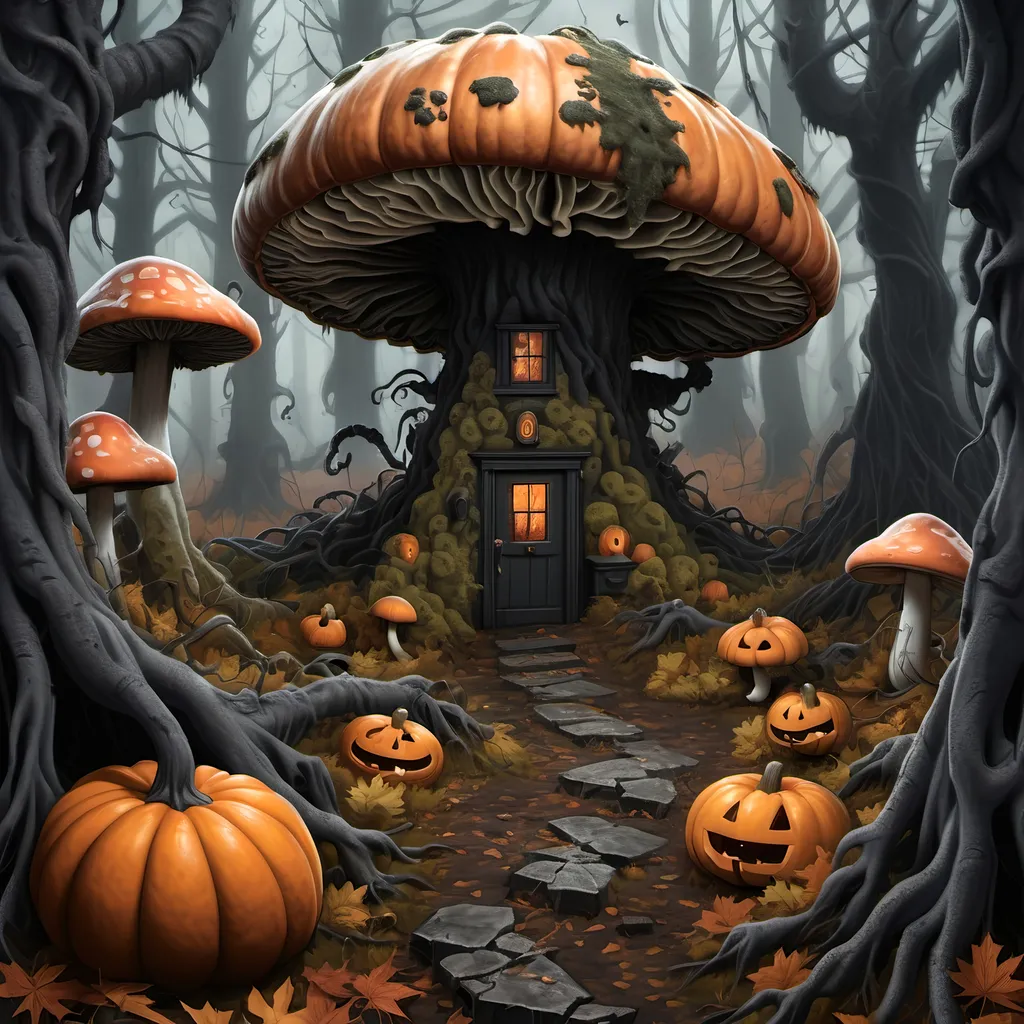 Prompt: Dark, gothic scary, foreboding, menacing, ominous, bright autumn foliage, in a twisted and gnarly original growth autumn forest, surrounded by twisted lichen covered roots and giant carnivorous mushrooms and large scary pumpkins with mean faces, ultra detailed, high resolution, gritty realism, boxes of Girl Scout Cookies everywhere.