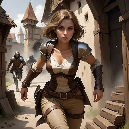 Prompt: [Jena the waif, or rogue]
Running from evil armored town guardsmen who she just robbed, outside the wooden stockade city walls,
Female HUMAN, thief, pickpocket, rogue, wee petite, delicate features, ruddy tan complexion, high brow, prominent widows peak, sandy brown shoulder length hair, hazel eyes, prominent but effeminate chin, drab ragged layers of clothing, very inconspicuous, disarming presence, hidden daggers in clothing, minimal jewelry, arm bangles, ornamental stone necklace charm, young, tomboyish, rugged, cute, ornery, fey demeanor, lucky and confident, dark, gothic, fantasy, ultra detail, ultra realism