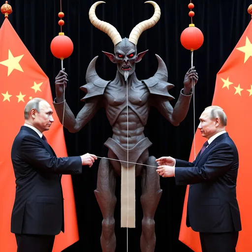 Prompt: Dark,  gothic, demonic; a 'horned satan puppet on strings' being controlled by a 'horned pope puppet on strings', being controlled by a 'horned Vladimir Putin puppet on strings', being controlled by Xi of China, who holds ALL THE STRINGS.