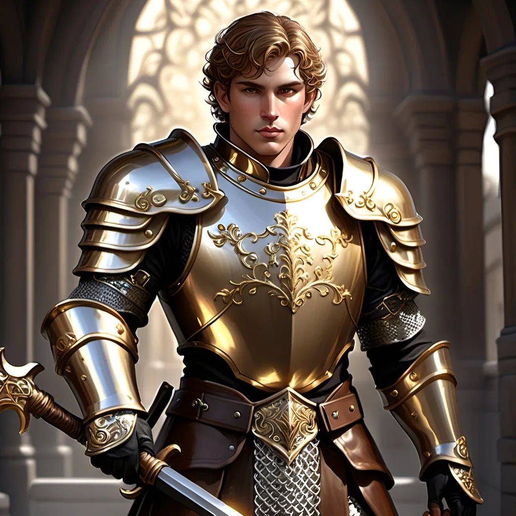 Prompt: [Armando the Golden]
Male paladin, (ultra-detailed) (ultra-realism), brown wavy short cropped hair, rosy cheeks, brown eyes, (bright silver steel breastplate) with (gold inlay and filigree), (shiny steel chainmail shirt), black boots with (sparkling shiny spurs), carrying a huge (double-ended war hammer), dramatic lighting, epic stance, medieval fantasy background, grand atmosphere, (HD quality) pompous, arrogant demeanor and stance, tall, 'broad like a barn', wide shoulders, built like a tank, iconoclastic narcissist,
Resembles Mike Pompeo.