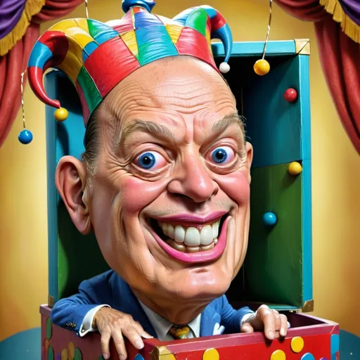 Prompt: (cartoon painted caricature of Bob Hope's head as a jester), popping out of a classic jack-in-the-box, intricate details, cheerful expression, whimsical background, HD, ultra-detailed.