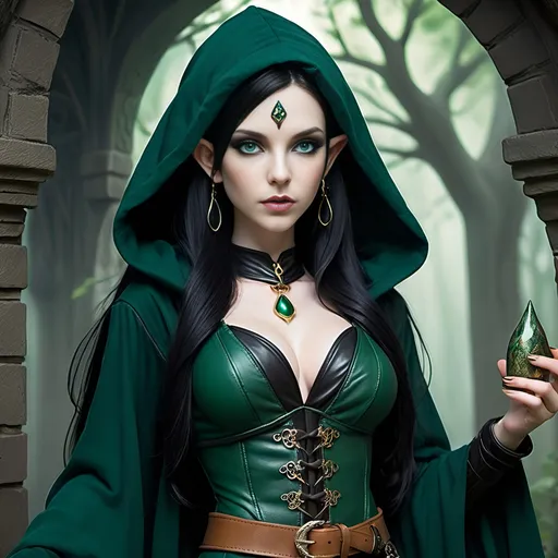 Prompt: [ Jade the Elf Sorceress ]
Woman, petite, slight, pale skin, elven ears, vivid green eyes, long straight waist-length black hair, 5 feet tall, slender, dark teal hooded robe, dark green dress, black leather corset, brown belt, sorceress, gold earrings and jewelry, tan pouches and bundles at waist, gothic, fantasy, high definition, ultra detail, ultra realism, gnarled ancient forest in background, obscured by mists