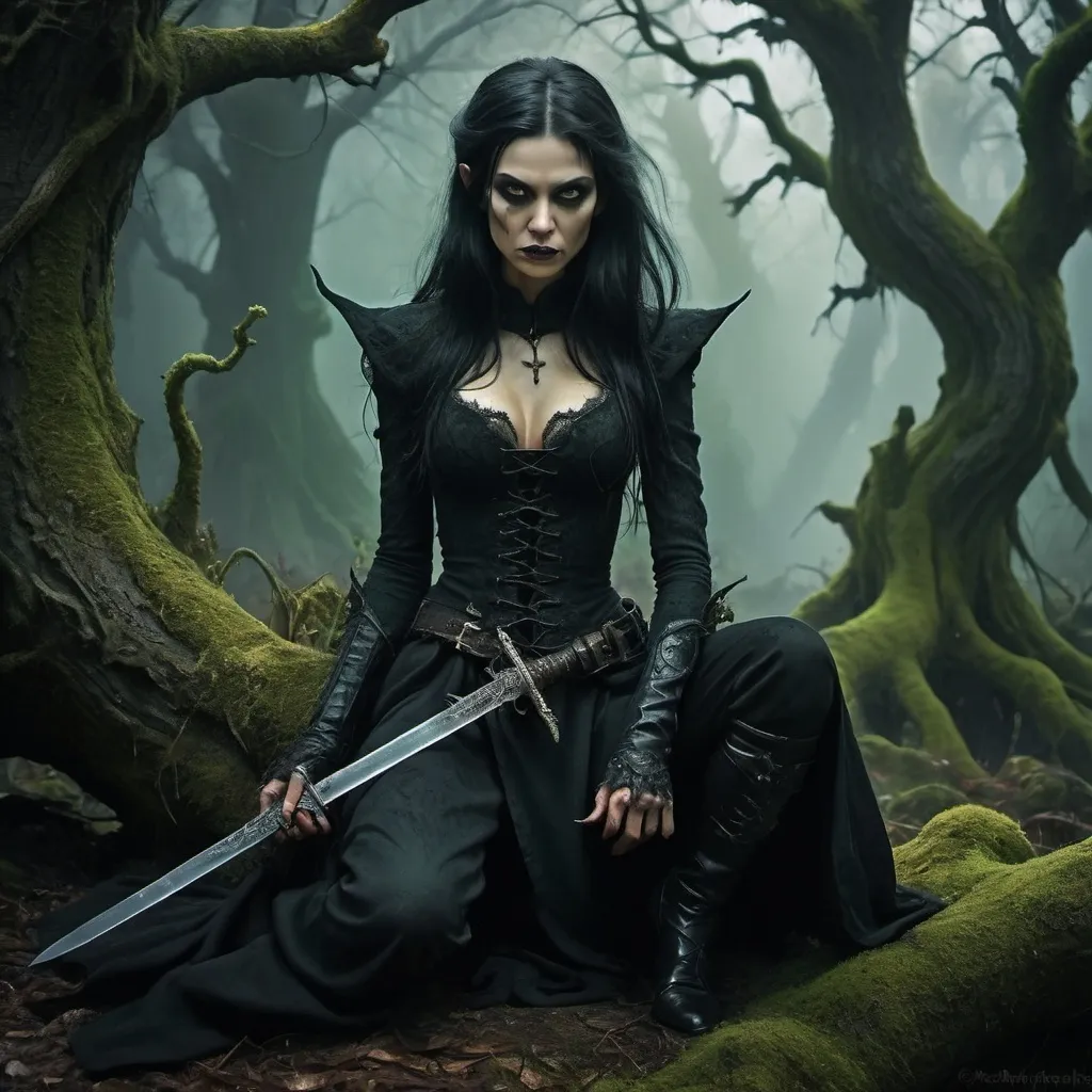 Prompt: (fantasy scene) tall black-haired heroic gothic female figure in dark, flowing attire, fierce expression, menacing yet captivating, short cowardly goblin on knees, fear in his eyes, sword poised at throat, huge twisted, gnarly trees with vivid lichen wrapping around them, shadowy and atmospheric ambiance, deep greens and blacks, enchanted yet grim setting, (ultra-detailed) (HD)