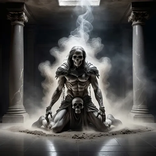 Prompt: A ghostly transparent apparition of a male warrior rising and coming together above
a skull half buried in dust on the stone floor of a very dark room, gothic, fantasy,  ultra realism, ultra detailed,