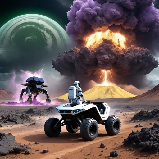 Prompt: Humanoid robot in 8 wheeled solar powered ATV rover,
Astronaut in survival suit carrying backpack and bags, walking away from Crater,
Lightning, tornadoes, massive storm
Crater, crashed space frigate, burning debris, black smoke rising,
Yellow quartz desert, dark sky, swirling gray, green and blue clouds.
Distant mountains made entirely of amethyst crystal