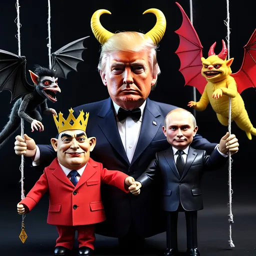 Prompt: Dark,  gothic, demonic, satanic, luciferian; a 'horned Donald Trump puppet on strings' being controlled by a 'horned satan puppet on strings' being controlled by a 'horned pope puppet on strings', being controlled by a 'horned Vladimir Putin puppet on strings', being controlled by Xi of China, who holds ALL THE STRINGS.
Flying Monkeys from Wizard of Oz
Pazzuzu
The Tidy Bowl Man