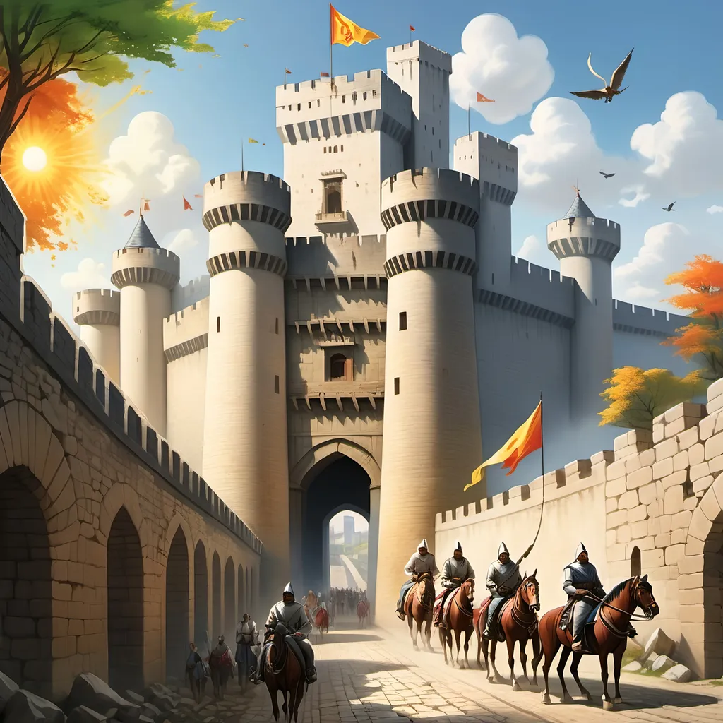 Prompt: A great walled city built of white stone next to a river, a towering fortress gate with an open door, daylight, bright sun shining, colorful banners suspended in the breeze flying from the top of the city walls, a dirt road leading up to the open gate in the city walls, with many men on horseback before it.