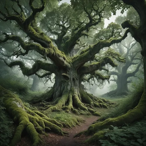 Prompt: Fantasy, dark and gloomy original growth forest, with huge gnarly old oak and chestnut trees and twisted lichen cover roots everywhere, under a dark and overgrown green foliage canopy