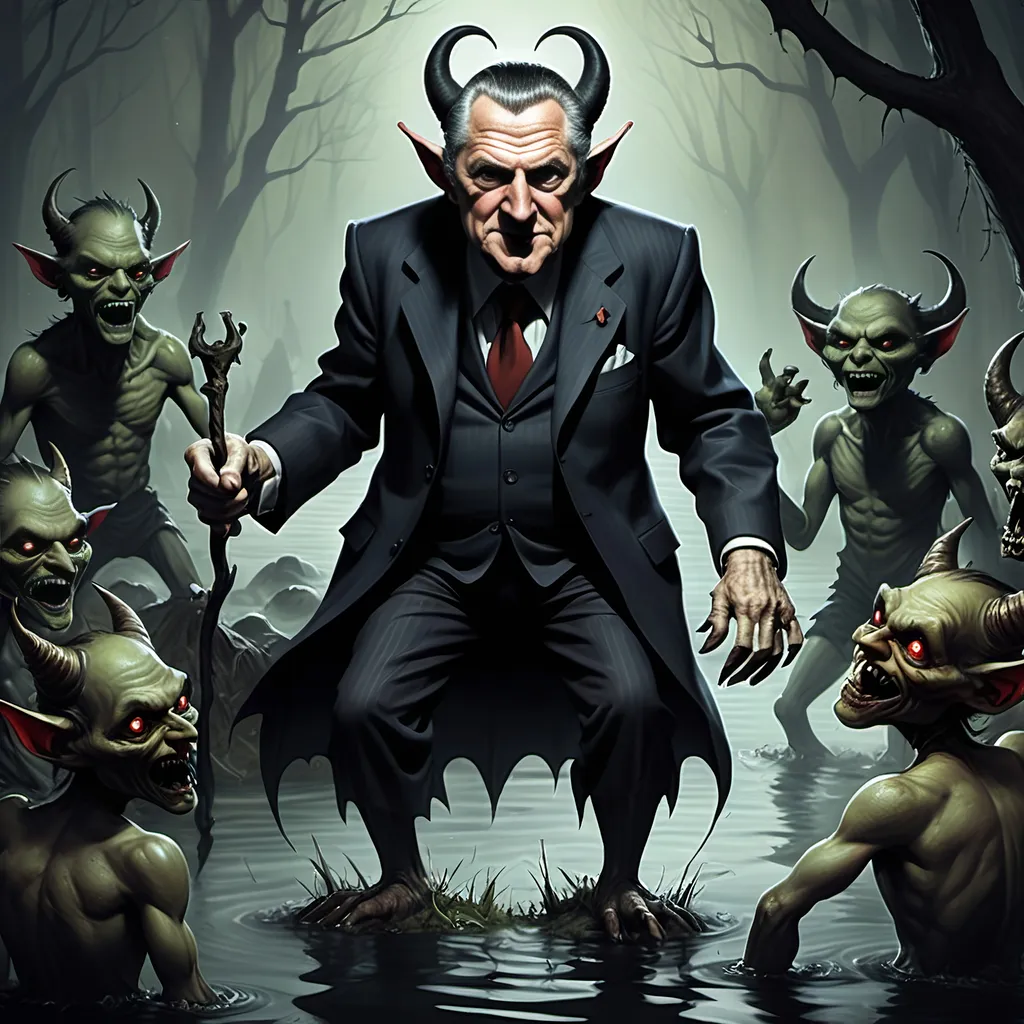 Prompt: River Styx, dark, infernal, gothic, ominous; minor Devil with horns and hooves who resembles Bill Clinton; has a chat with a goblins in ragged, ratty clothing who resembles Richard Nixon.