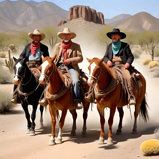 Prompt: Old West, dust, desert, cows, cacti, hitching posts, tumbleweeds, bandits in ten gallon hats and sombreros with bandanas, trenchcoats, 
Stage coach, horses,