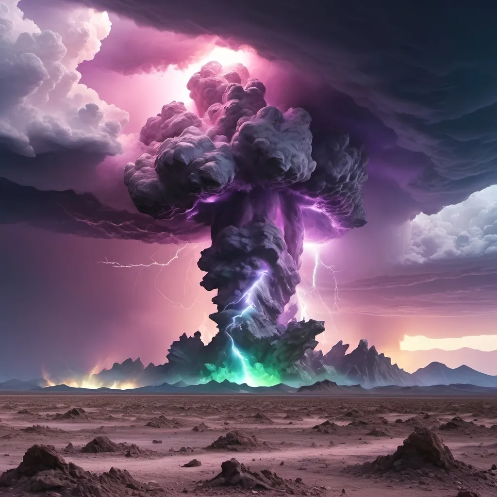 Prompt: Lightning, tornadoes,
Crater, crashed space frigate, burning debris, black smoke rising,
Yellow quartz desert, pink sky, swirling gray, green and blue clouds.
Distant mountains made entirely of amethyst crystal