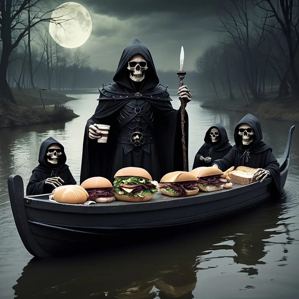 Prompt: (Dark, gothic, infernal, River Styx, Hades;) (Charon, skeletal boat master in a black robe with hood, of the river Styx); escorts a (goblin dressed in ragged dirty clothing who resembles Richard Nixon), to meet with his master on the lower planes, Charon is eating an awesome sandwich that his wife made for him for lunch, and offers a sandwich to the goblin in ratty ragged clothing who resembles Richard Nixon.
Scary, high resolution, ultra detailed, menacing, foreboding, ominous,