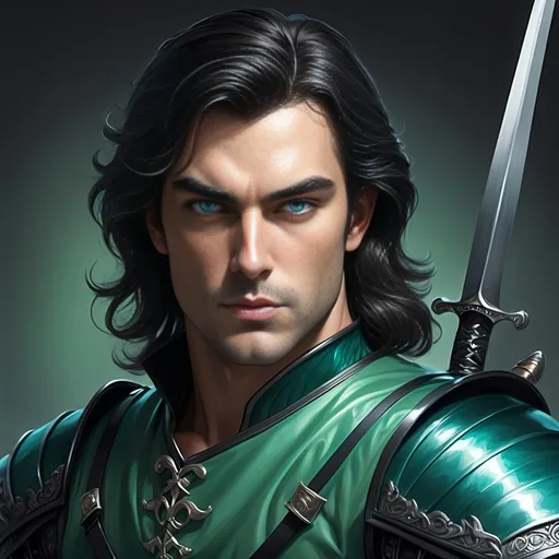 Prompt: Chevalier, dark hair, pale complected, blue eyes; dressed in green, teal, and black; slight but well muscled, tall, longsword and bow & quiver on his back, piercing, attentive eyes, ultra detailed, ultra realism, darkly heroic.
(Resembles Neil Diamond)