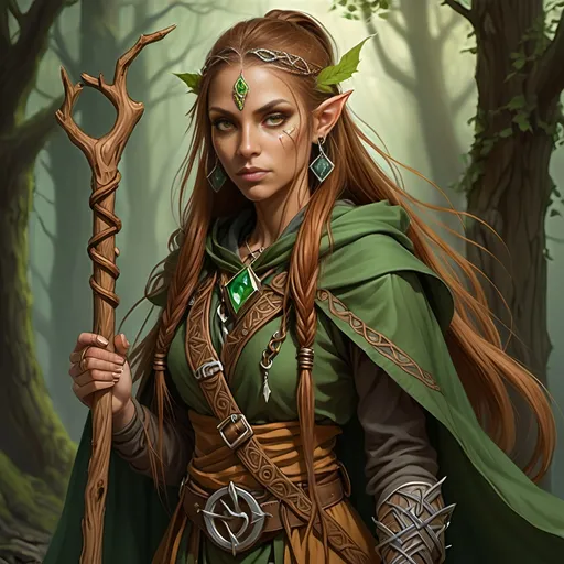 Prompt: Woman, female half elf, sorceress, ruddy medium complexion, light brown long straight hair, bound with multiple clasps in a really long pony tail; jewelry, earrings, tattoos of sacred runes, golden brown eyes, holding gnarled staff of bleached wood with a gem set into the top, leaf green cloak and hood, brown belt and pouches, brown boots, dagger and wand secured to belt, tan leather corset, highest resolution, gothic, fantasy, ultra detail, ultra realism, giving a lecture in a dark medieval Taverne.