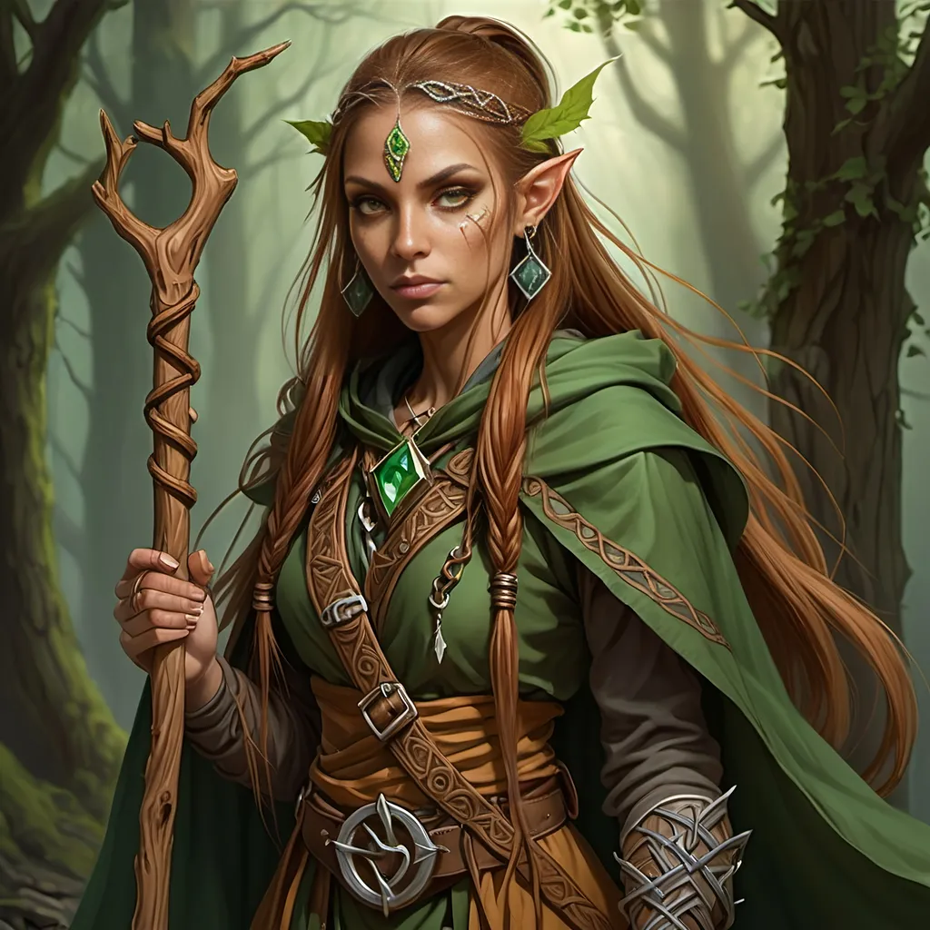 Prompt: Woman, female half elf, sorceress, ruddy medium complexion, light brown long straight hair, bound with multiple clasps in a really long pony tail; jewelry, earrings, tattoos of sacred runes, golden brown eyes, holding gnarled staff of bleached wood with a gem set into the top, leaf green cloak and hood, brown belt and pouches, brown boots, dagger and wand secured to belt, tan leather corset, highest resolution, gothic, fantasy, ultra detail, ultra realism, giving a lecture in a dark medieval Taverne.