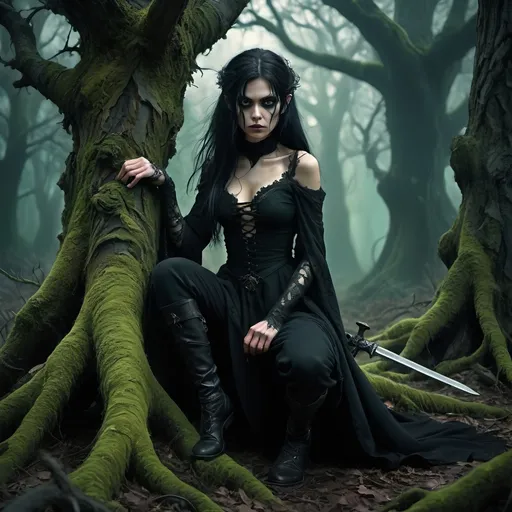 Prompt: (fantasy scene) tall black-haired heroic gothic female figure in dark, flowing attire, fierce expression, menacing yet captivating, short cowardly goblin on knees, fear in his eyes, sword poised at throat, huge twisted, gnarly trees with vivid lichen wrapping around them, shadowy and atmospheric ambiance, deep greens and blacks, enchanted yet grim setting, (ultra-detailed) (HD)