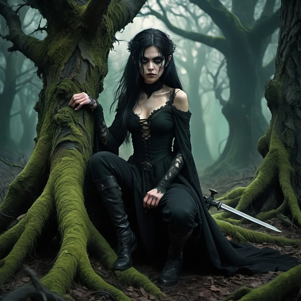 Prompt: (fantasy scene) tall black-haired heroic gothic female figure in dark, flowing attire, fierce expression, menacing yet captivating, short cowardly goblin on knees, fear in his eyes, sword poised at throat, huge twisted, gnarly trees with vivid lichen wrapping around them, shadowy and atmospheric ambiance, deep greens and blacks, enchanted yet grim setting, (ultra-detailed) (HD)