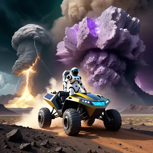 Prompt: Humanoid robot in 8 wheeled solar powered ATV rover,
Astronaut in survival suit carrying backpack and bags, walking away from Crater,
Lightning, tornadoes, massive storm
Crater, crashed space frigate, burning debris, black smoke rising,
Yellow quartz desert, dark sky, swirling gray, green and blue clouds.
Distant mountains made entirely of amethyst crystal