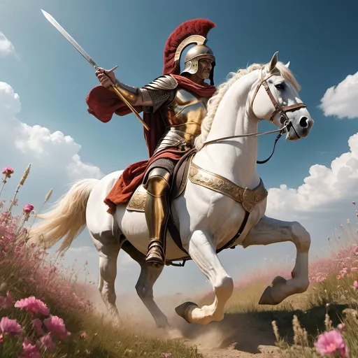 Prompt: General Moses Cleaveland (as an ancient Greek General), wearing (bronze armor) with a (brush top helmet), majestically riding a (white horse), leading a (column of infantry) carrying (swords, spears, shields). Surrounding a (flowering meadow), with (clouds of dust) kicked up from the march, bathed in (afternoon sunshine), creating a vibrant and dramatic scene. The image should be (4K), capturing high detail and cinematic quality.