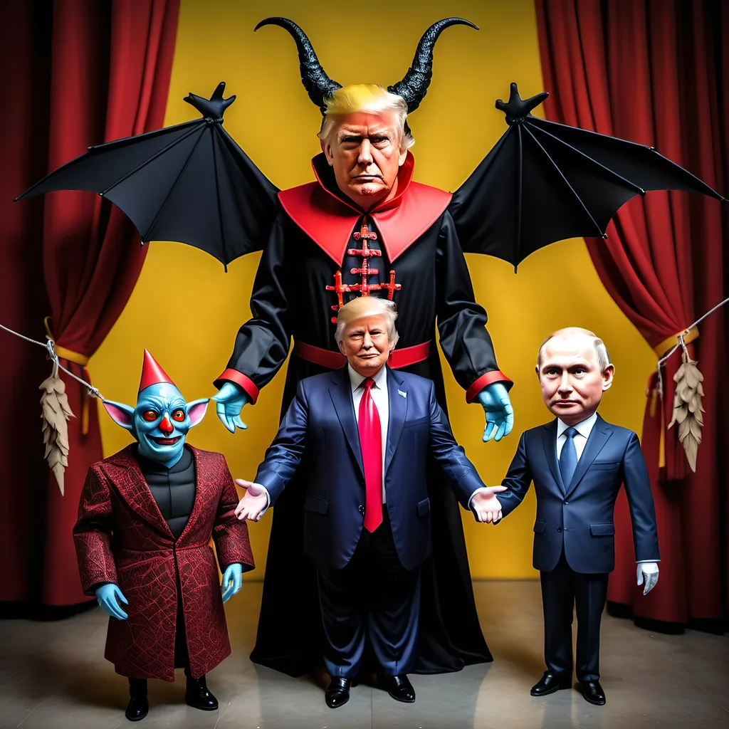 Prompt: Dark,  gothic, demonic, satanic, luciferian; a 'horned Donald Trump puppet on strings' being controlled by a 'horned satan puppet on strings' being controlled by a 'horned pope puppet on strings', being controlled by a 'horned Vladimir Putin puppet on strings', being controlled by Xi of China, who holds ALL THE STRINGS.
Flying Monkeys from Wizard of Oz
Pazzuzu
The Tidy Bowl Man