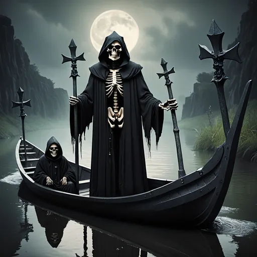 Prompt: (Dark, gothic, infernal, River Styx, Hades;) (Charon, skeletal boat master in a black robe with hood, of the river Styx); escorts a (goblin dressed in ragged dirty clothing who resembles Richard Nixon), to meet with his master on the lower planes,