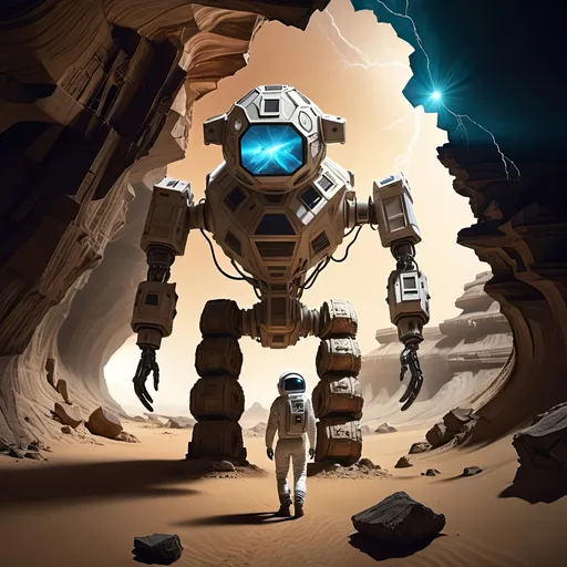 Prompt: Abandoned centuries old massive mining complex hidden in a steep and rugged walled canyon,
Collosal ancient alien statue carved from crystal and half buried in the sand,
Geodesic survival shelter with several antenna,
Vivid aurora, Meteor shower,
Humanoid robot in 8 wheeled solar powered ATV rover,
Astronaut in survival suit carrying backpack and bags, walking away from Crater,
Lightning, tornadoes, massive storm
Crater, crashed space frigate, burning debris, black smoke rising,
Yellow quartz desert, dark sky, swirling gray, green and blue clouds.
Distant mountains made entirely of amethyst crystal
High definition, maximum detail, ultra resolution, ultra realism.
Spooky ancient alien artifacts and exotic architecture 
Dark and scary, ominous