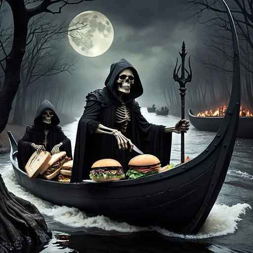 Prompt: (Dark, gothic, infernal, River Styx, Hades;) (Charon, skeletal boat master in a black robe with hood, of the river Styx); escorts a (goblin dressed in ragged dirty clothing who resembles Richard Nixon), to meet with his master on the lower planes, Charon is eating an awesome sandwich that his wife made for him for lunch, and offers a sandwich to the goblin in ratty ragged clothing who resembles Richard Nixon.
Scary, high resolution, ultra detailed, menacing, foreboding, ominous,