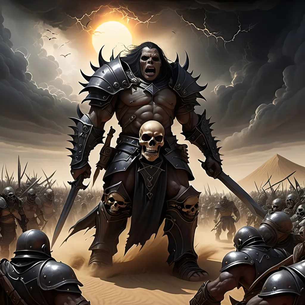 Prompt: The sky darkens with ominous black storm clouds that blot out the sun,
A battle rages with thousands of men and orcs in armor fighting to the death surrounded by countless fallen bodies of the slain,
A ghostly TRANSPARENT WISPY apparition of a male warrior rising and coming together above
a skull half buried in dust and sand on a desert battlefield under a hot blazing sun, gothic, fantasy,  ultra realism, ultra detailed,