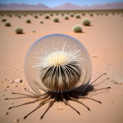 Prompt: Barren desert crawling with countless large hundred limbed insects which resemble spherical anemones, that are rolling and tumbling across the flat parched desert in search of prey, like sentient tumbleweeds, with very small circular bodies with a central toothed orifice surrounded by hundreds of long legs which all terminate it sharp points, like an ambulate sentient thistle, that uses it's thousands of long pointy legs to puncture, gorging on the blood and fluids of its prey.
Hundred eyes and thousands of legs.
Dark skies; on a high plateau, with no mountains in the background.