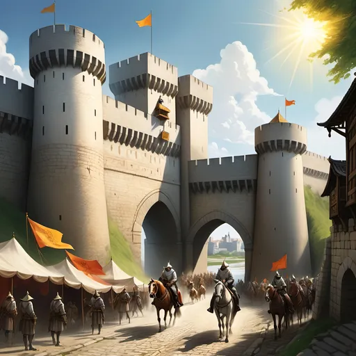 Prompt: A great walled city built of white stone next to a river, a towering fortress gate with an open door, daylight, bright sun shining, colorful banners suspended in the breeze flying from the top of the city walls, a dirt road leading up to the open gate in the city walls, with many men on horseback before it.