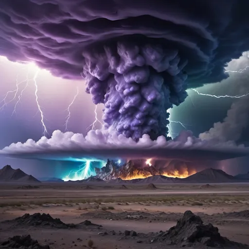 Prompt: Lightning, tornadoes, massive storm
Crater, crashed space frigate, burning debris, black smoke rising,
Yellow quartz desert, dark sky, swirling gray, green and blue clouds.
Distant mountains made entirely of amethyst crystal