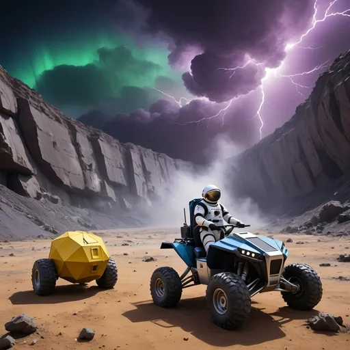 Prompt: 
Abandoned centuries old massive mining complex hidden in a canyon,
Geodesic survival shelter with several antenna,
Vivid aurora, Meteor shower,
Humanoid robot in 8 wheeled solar powered ATV rover,
Astronaut in survival suit carrying backpack and bags, walking away from Crater,
Lightning, tornadoes, massive storm
Crater, crashed space frigate, burning debris, black smoke rising,
Yellow quartz desert, dark sky, swirling gray, green and blue clouds.
Distant mountains made entirely of amethyst crystal