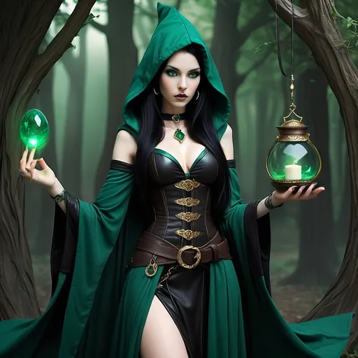 Prompt: [ Jade the Elf Sorceress ]
Woman, petite, slight, pale skin, elven ears, vivid green eyes, long straight waist-length black hair, 5 feet tall, slender, dark teal hooded robe, dark green dress, black leather corset, brown belt, sorceress, gold earrings and jewelry, tan pouches and bundles at waist, gothic, fantasy, high definition, ultra detail, ultra realism, gnarled ancient forest in background, obscured by mists