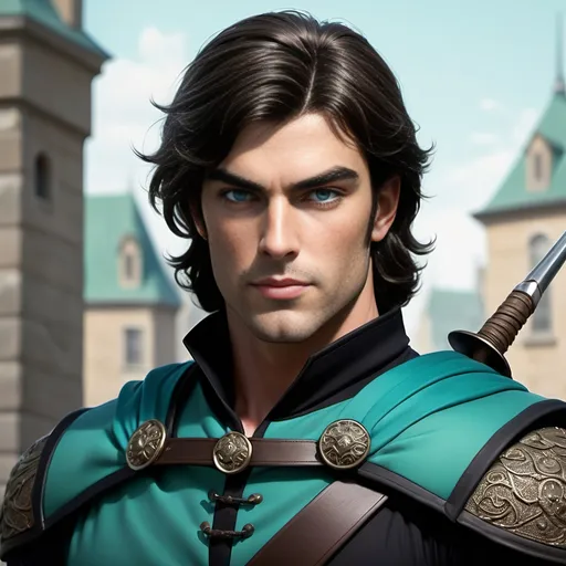 Prompt: [ Derek the Brown or Derek from Towne]
Chevalier, dark hair, pale complected, blue eyes; dressed in green, teal, and black; slight but well muscled, tall, bow & quiver on his back, piercing, attentive eyes, ultra detailed, ultra realism, darkly heroic.
(Resembles Neil Diamond)