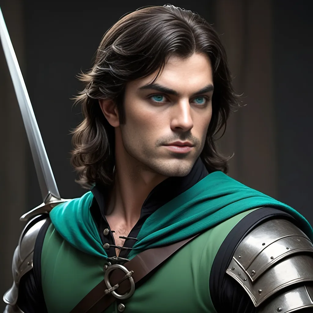 Prompt: [ Derek the Brown or Derek from Towne]
Chevalier, dark hair, pale complected, blue eyes; dressed in green, teal, and black; slight but well muscled, tall, longsword and bow & quiver on his back, piercing, attentive eyes, ultra detailed, ultra realism, darkly heroic.
(Resembles Neil Diamond)