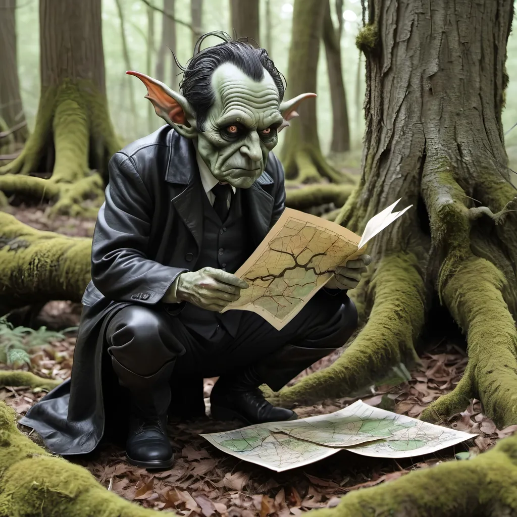 Prompt: A goblin who resembles Richard Nixon on his knees begging for his life, with a wounded eye and holding up a map made of irregular leather hide with brown ink on it, kneeling in original growth forest surrounded by huge twisted and gnarly trees with twisted gnarly lichen covered roots; with a black haired heroic gothic female person dressed in black standing over him and holding a sword to his throat