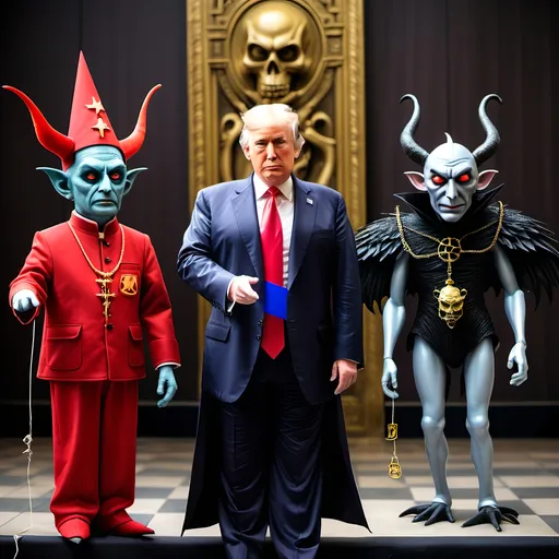 Prompt: Dark,  gothic, demonic, satanic, luciferian; a 'horned Donald Trump puppet on strings' being controlled by a 'horned satan puppet on strings' being controlled by a 'horned pope puppet on strings', being controlled by a 'horned Vladimir Putin puppet on strings', being controlled by Xi of China, who holds ALL THE STRINGS.
Flying Monkeys from Wizard of Oz
Pazzuzu
The Tidy Bowl Man