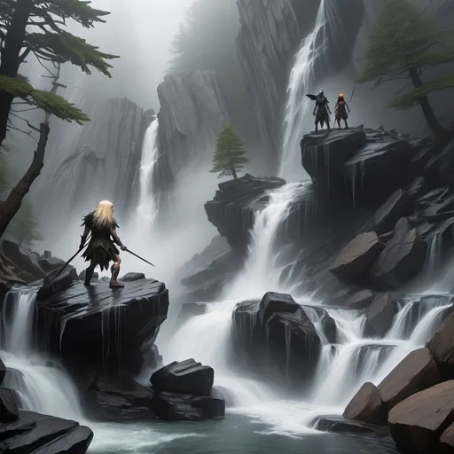 Prompt: Top of a misty torrential waterfall looking down  a rugged, rocky cliff into a turbulent pool of rocks, mist and spray. Dark, gnarly original growth hemlock trees.
A blonde human female in chainmail and a horned helmet, a raven haired human female clad in black, a male halfling, a female halfling, a brown haired female half elf, and a goblin, are all climbing the rocks.